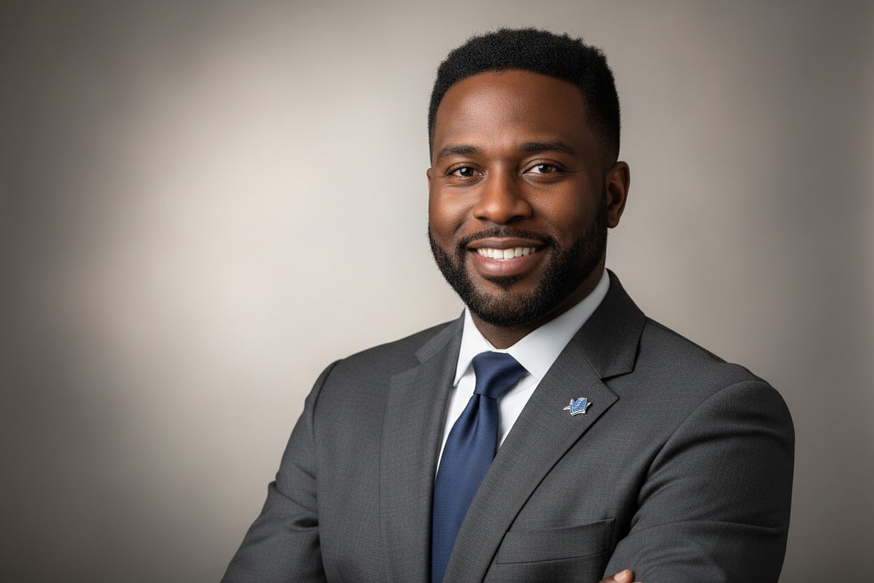 A smiling Black man with short dark hair and a beard wearing a grey suit and blue tie against a neutral background.