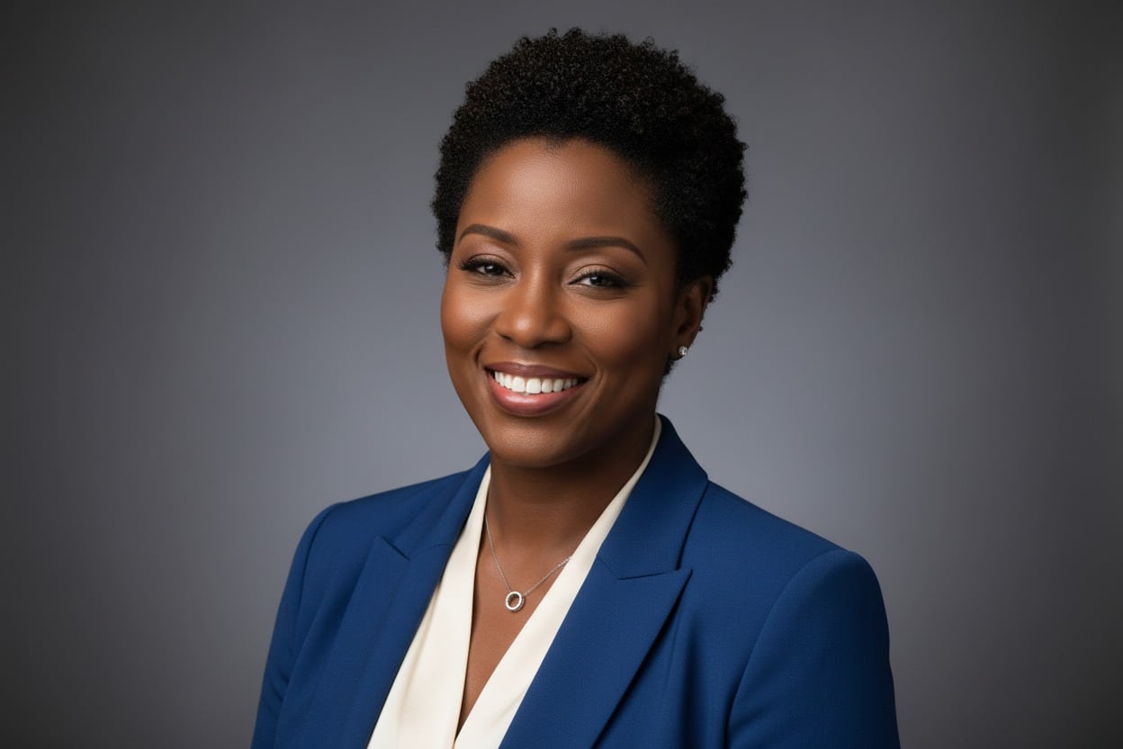 A Black woman with short dark hair wearing a blue blazer smiles against a gray background.