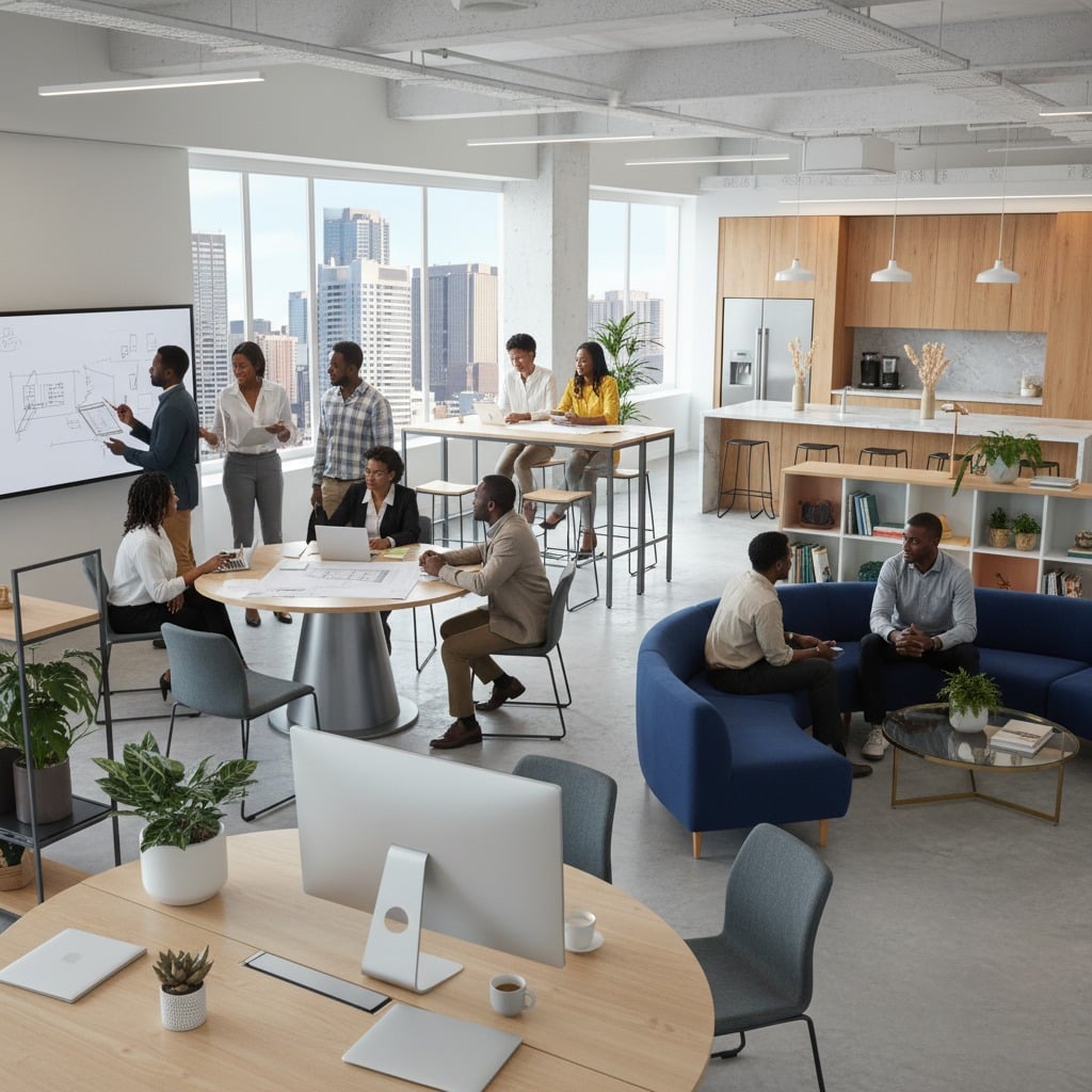 Diverse team of professionals working in a modern, open-plan office with large windows, a collaborative meeting space, and a kitchen area.