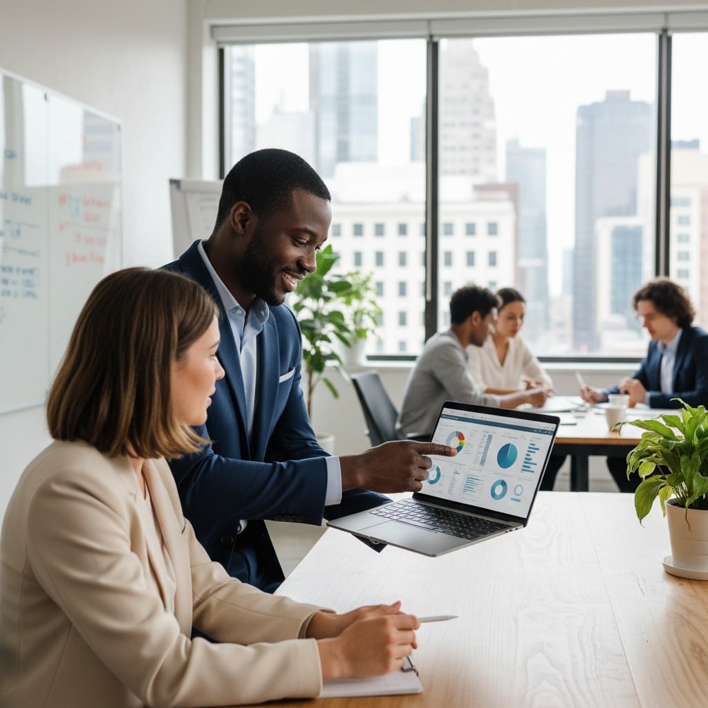 A Black businessman points to charts on a laptop screen for a female colleague in an office with city views.