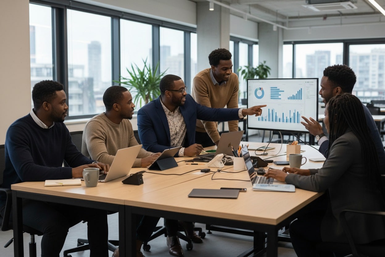 Five colleagues gather around a long wooden conference table, discussing financial charts displayed on a computer monitor.