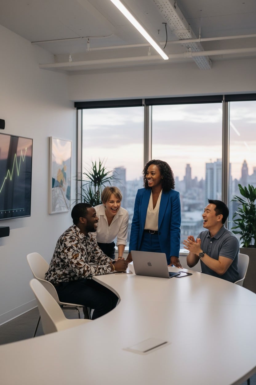 Four diverse colleagues sit around a curved conference table in an office, laughing and applauding while looking at a laptop.