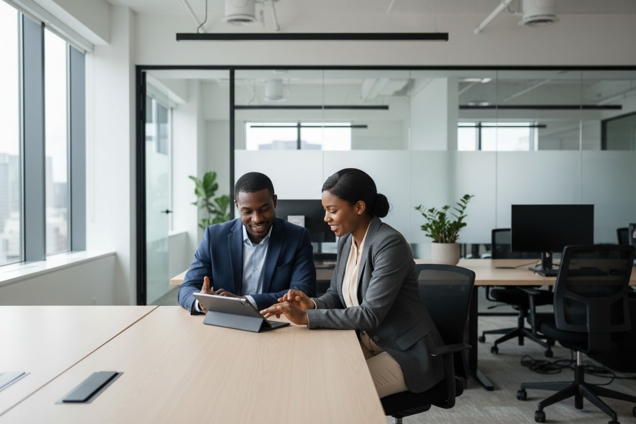 Two Black professionals collaborate in a modern office, looking at a digital tablet together.