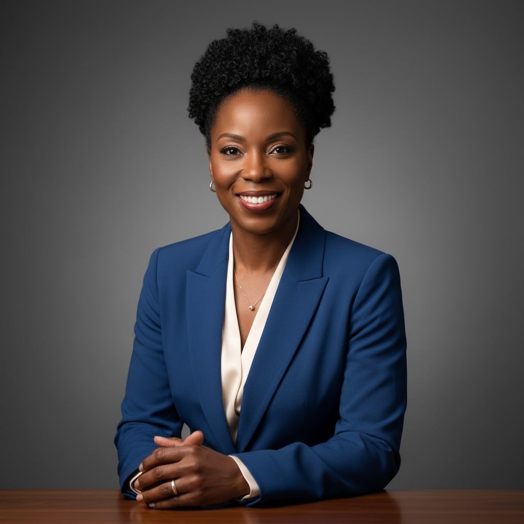 A smiling Black woman in a blue suit sits at a wooden desk with her hands clasped.